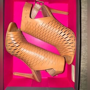 Vince Camuto Tan Laser-Cut Peep-Toe Stiletto Booties